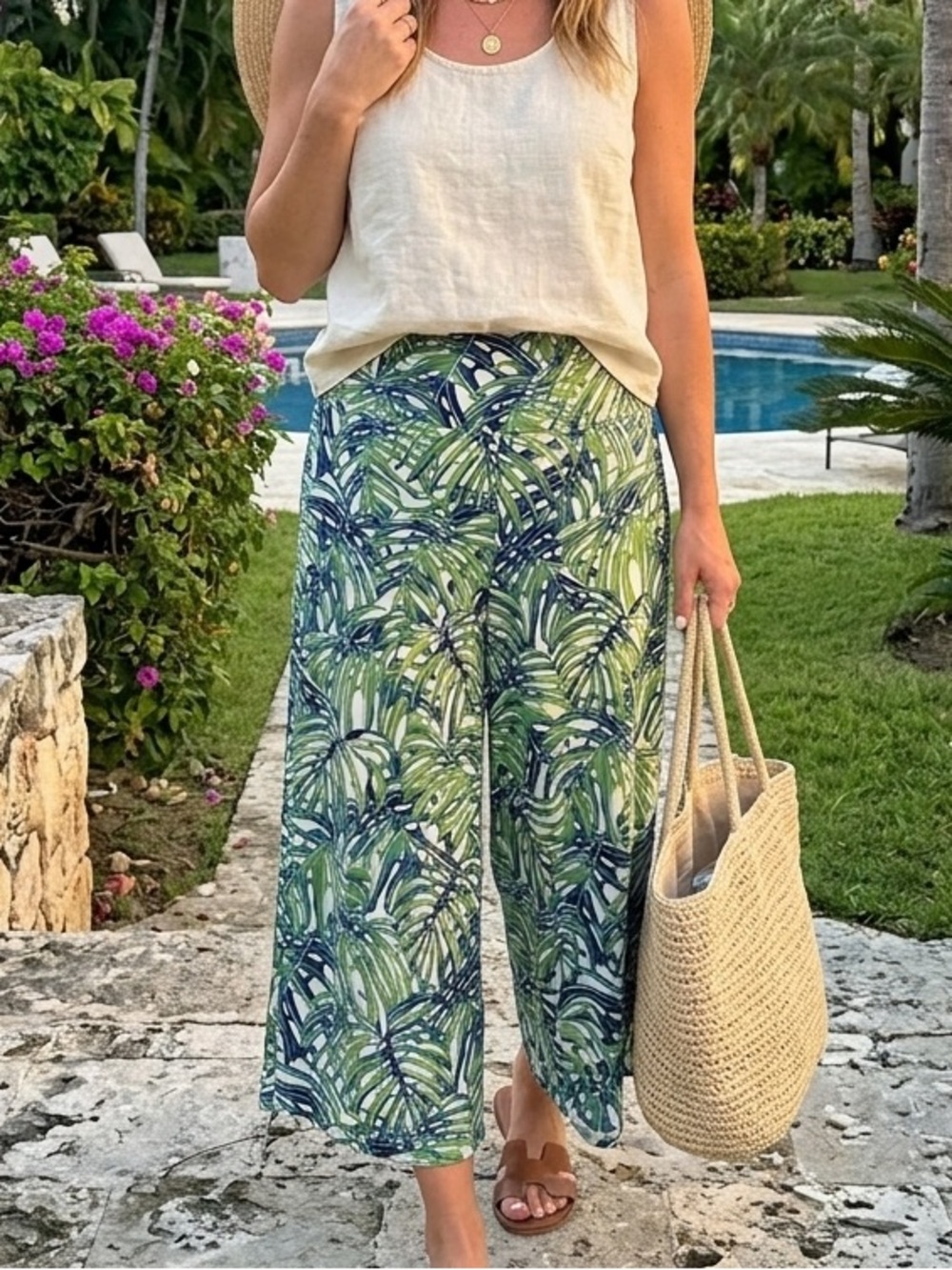 J. Jill Green Leaf Print Wide Leg Pants